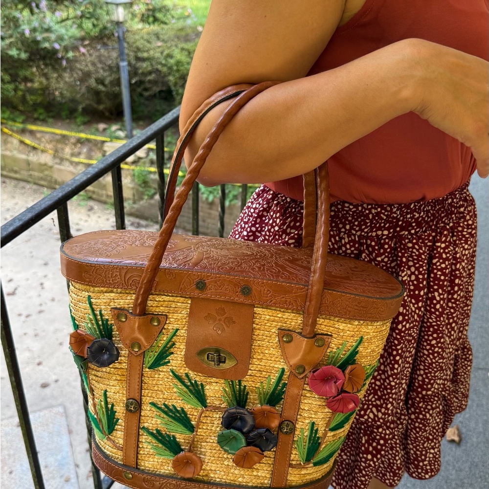 Patricia Nash Brown Floral Straw Tote - Picture 3 of 4
